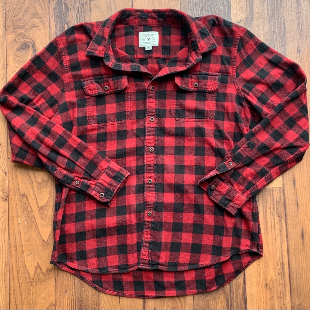 AEO Buffalo Plaid Black + Red Flannel Button Down